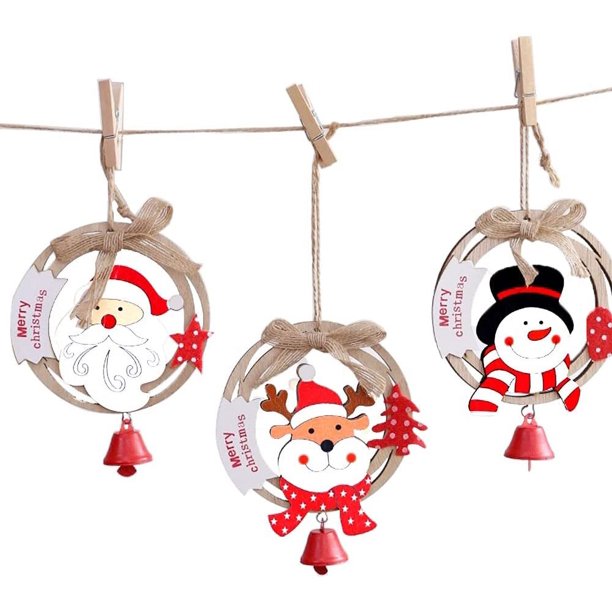 Adornos para árbol de Navidad, paquete de 3, adornos navideños de madera hechos a mano para fiestas, adornos colgantes para el árbol, decoración del hogar, Papá Noel, alce, muñeco de nieve con