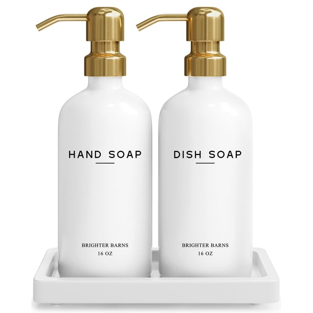 Set dispensador de jabón Brighter Barns Glass, blanco y dorado, 480 ml