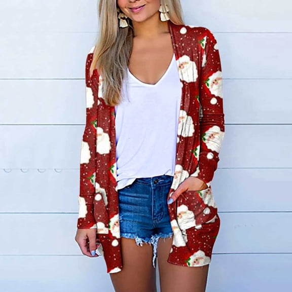Lilgiuy Womens Christmas Printed Coat Long Sleeve Cardigan With Pocket Loose Casual Blouse Tops Wine8 2022 Fall Winter