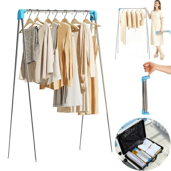 Portable Travel Garment Rack, Stainless Steel Foldable Drying Clothes Rack for Dance, Travel, Camping, Drying, RV, Indoor, Outdoor, Mini Compact Racks, Blue