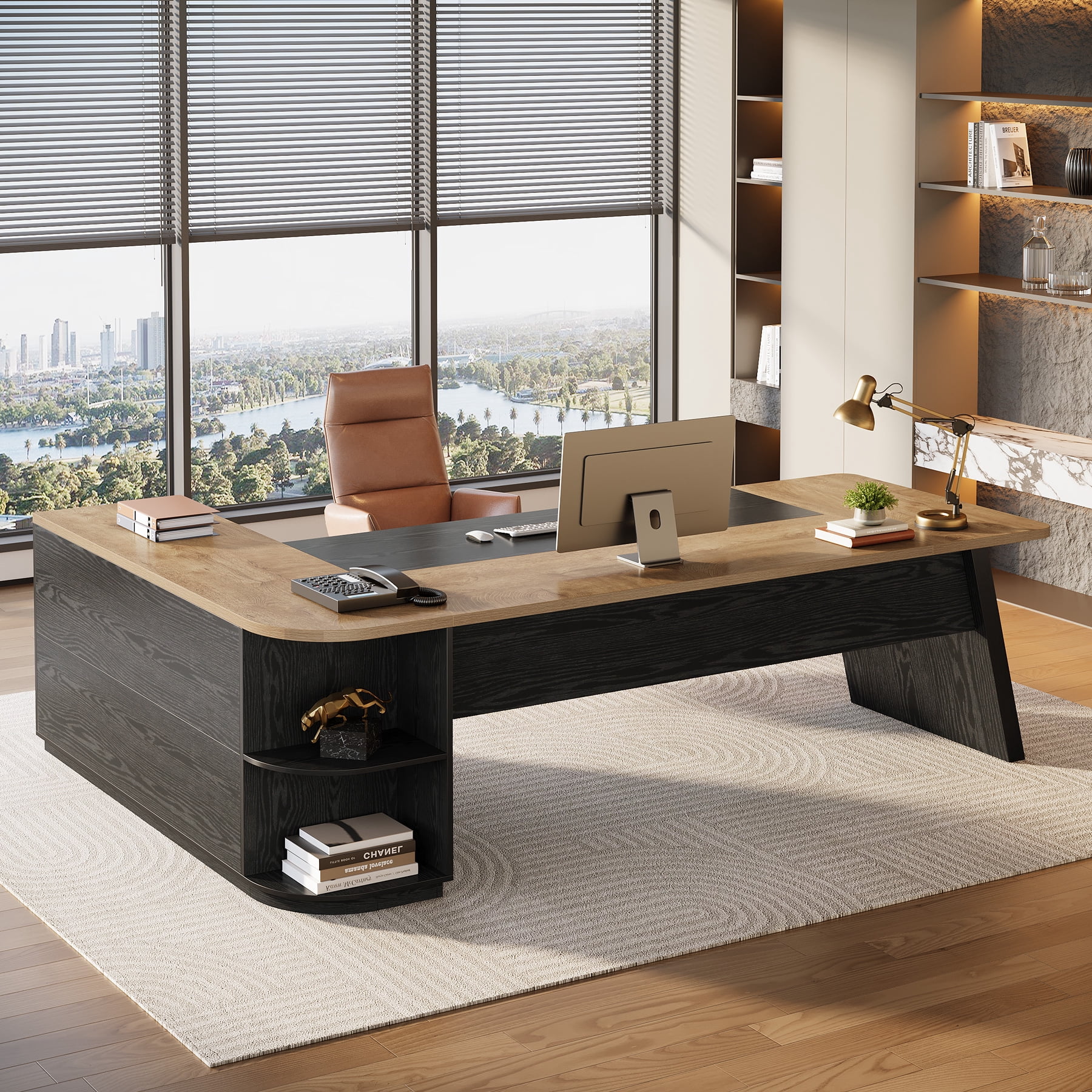 Finmind 79-inch L-Shaped Executive Desk, Large Office Desk with Cabinet and Storage Shelves for Home Office, Light Brown and Black