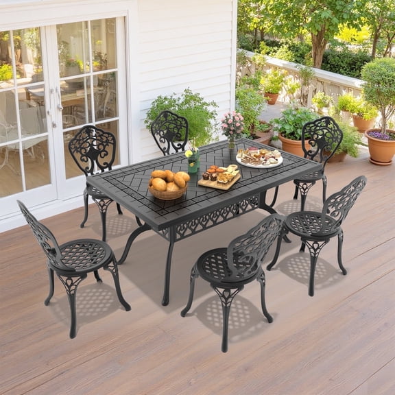 Hzzkey 7-Piece Black Cast Aluminum Outdoor Dining Set with Rectangular Table for Patio, Deck, Garden - Compact Size Chair (Seat Width: 15.35")