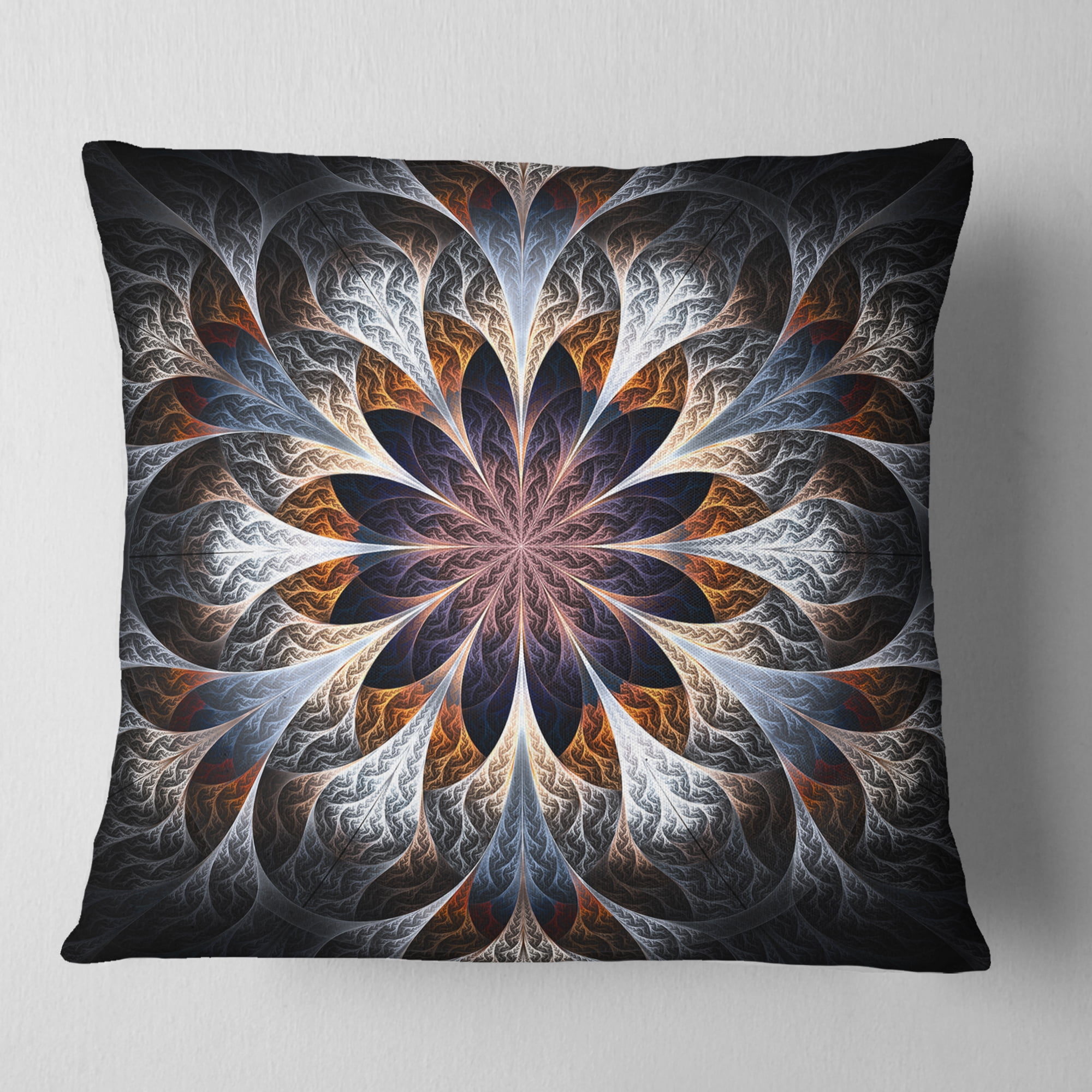 Designart Gray Brown Digital Art Fractal Flower - Floral Throw Pillow - 18x18