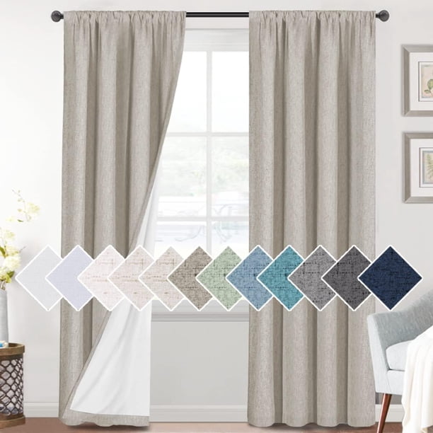 Cortinas 100 % opacas con aspecto de lino de 84 pulgadas de largo para dormitorio, con bolsillo para barra de bloqueo de luz completa, cortinas gruesas con textura de lino para ventana con respaldo blanco, natural, 2 paneles, piedra de 42 pulgadas de ancho x 84 pulgadas de largo