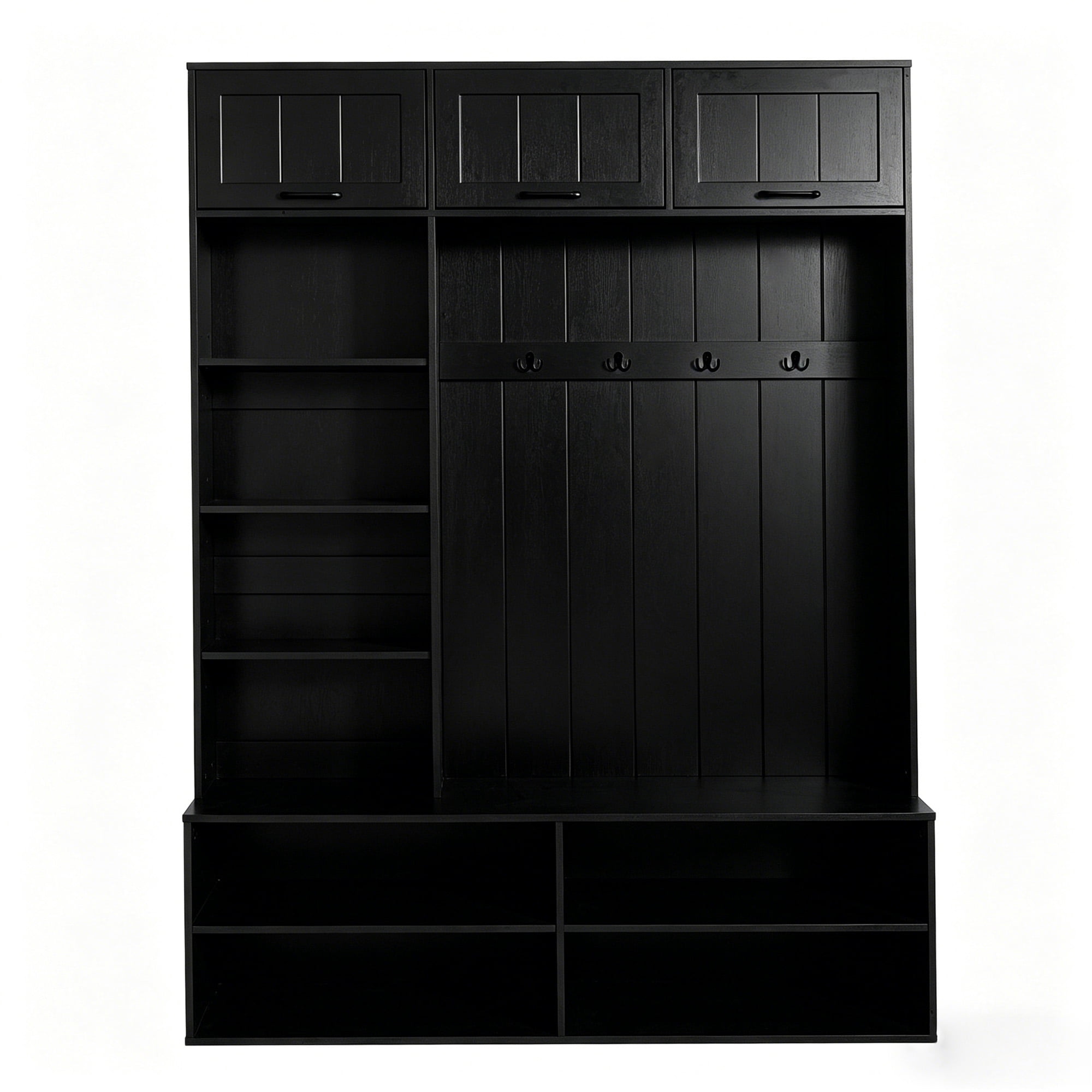 Leumius Hall Tree with Bench and Shoe Storage,76.9''H 5-in-1 Farmhouse Entryway Bench with Coat Racks,Tall Entryway Storage Organizer Cabinet with 4 Hooks for Hallway, Entryway, Living Room,Black
