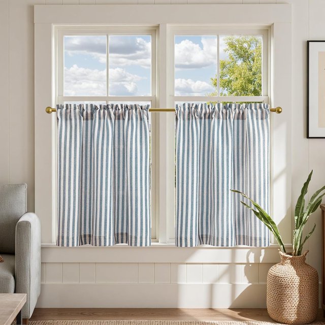 Striped Linen Kitchen Curtains 24 Inches Length Tier Curtains Farmhouse Modern Cafe Style Small Window Treatments Airy Light Filtering Rod Pocket for Living Room Bathroom 2 Panels Blue