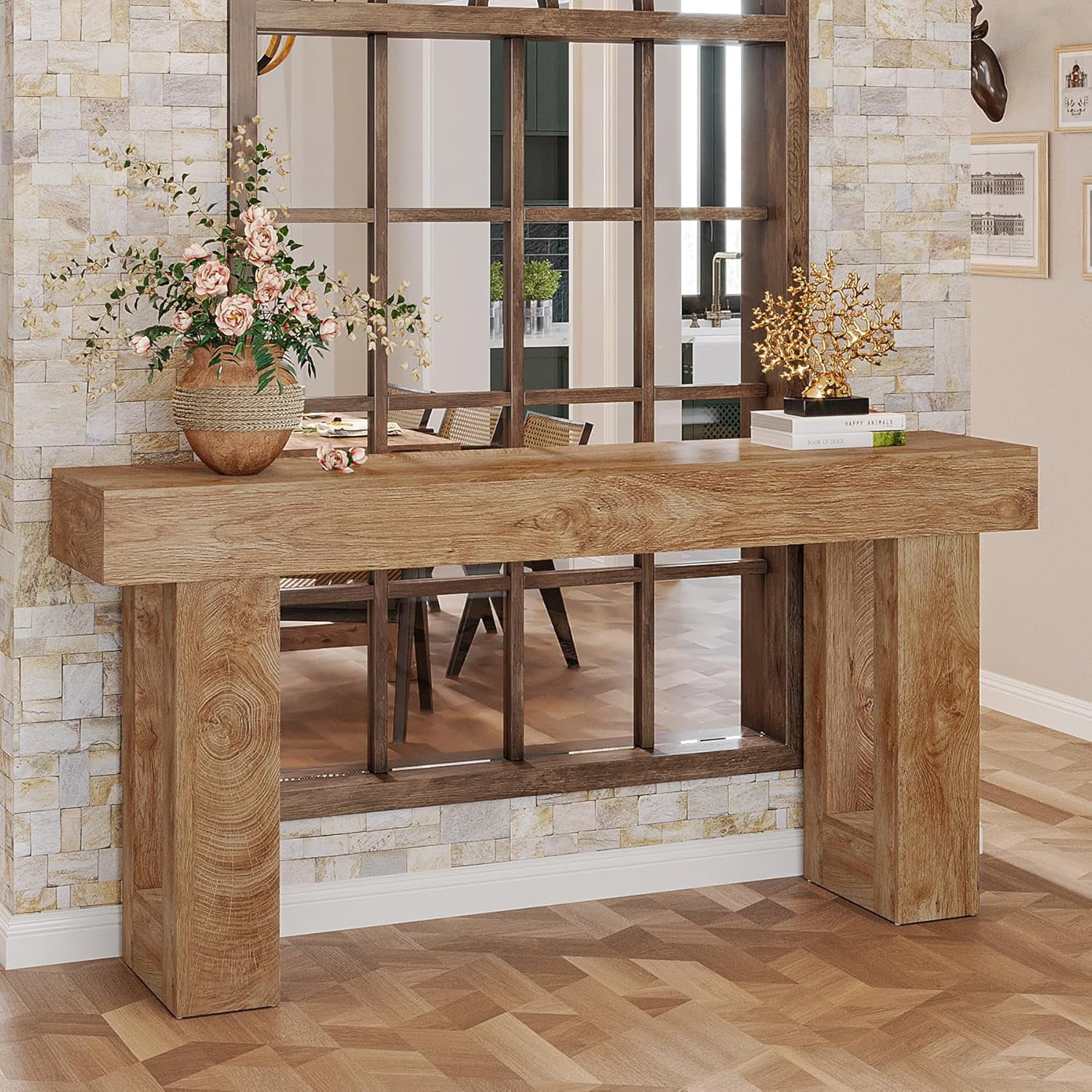 Tribesigns 63-Inch Long Console Table, Farmhouse Wooden Sofa Table Behind The Couch, Entryway Table for Entrance, Hallway, Living Room, Natural