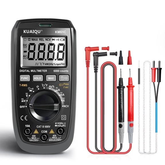 KUAIQU Digital Multimeter TRMS 600V AC/DC Voltage Tester 6000 Counts NCV Ohmmeter Measures Resistance Capacitance Frequency Temperature Diodes Suitable for Electronics HVAC Multimeter KM61C