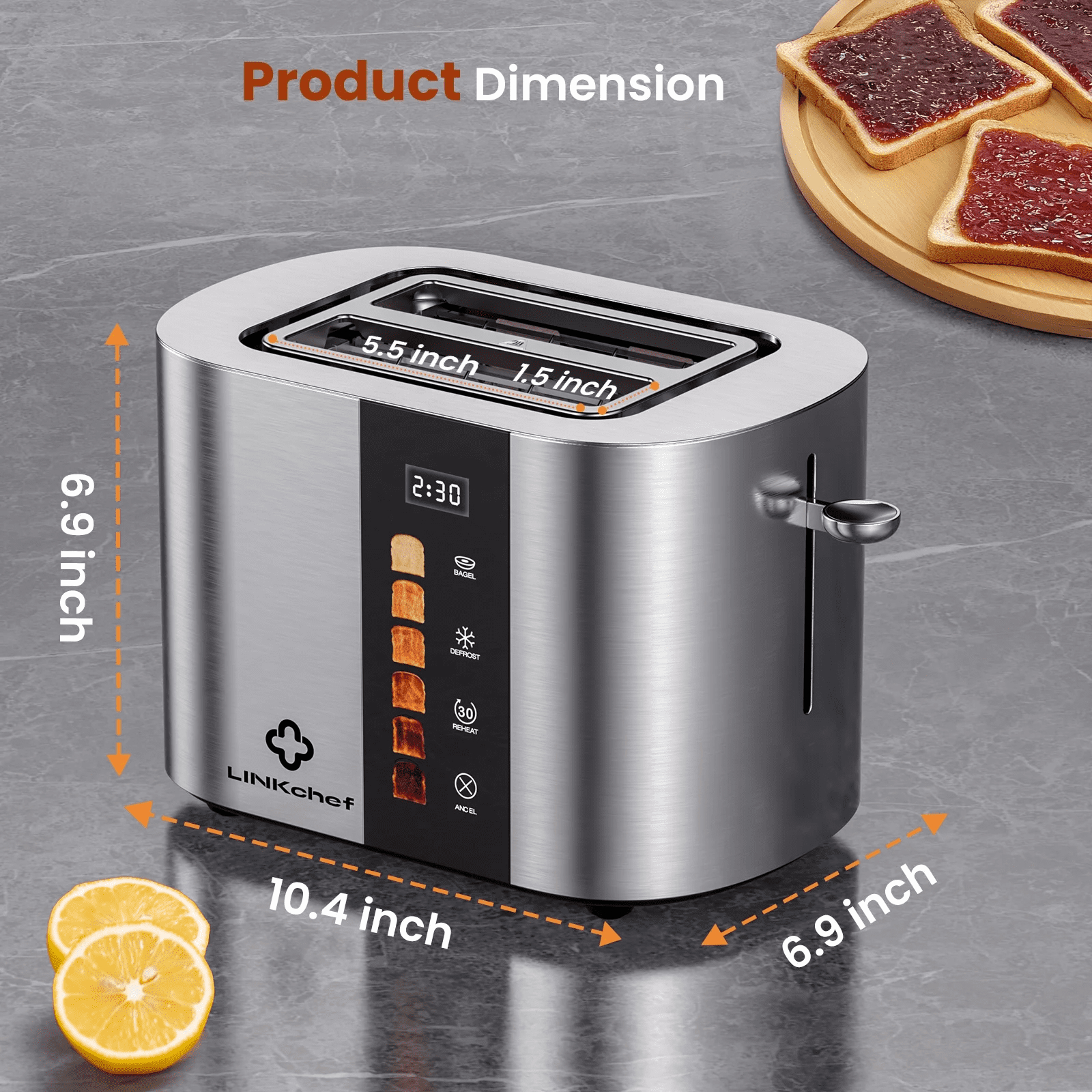 Touch Screen 2-Slice Toaster, Stainless Steel, 6 Shade Settings, Timer Countdown