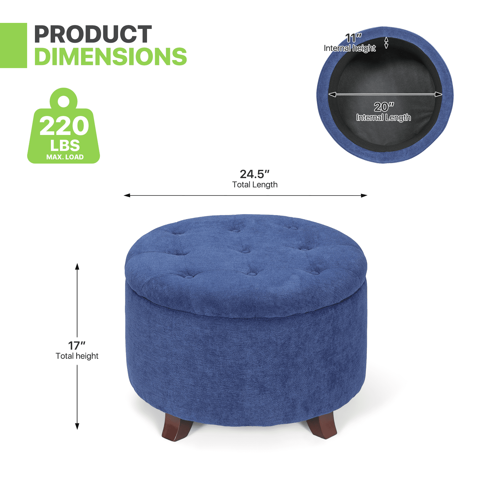 Magshion Storage Ottoman with Padded Seat, Modern Cotton-linen Footrest, Round Seat stool for Living Room Bedroom , Navy Blue