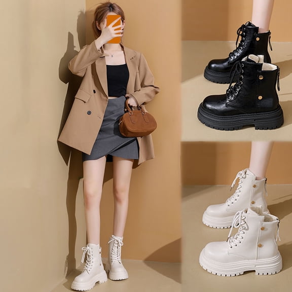 Hinvhai Womens Ankle Boots Buckle Platform High Heel Motorcycle Combat Boots Lace Up Lug Sole Booties for Women Black 9(42)