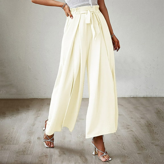 Idoravan Women's Plus Size Pants Clearance Fashion Women Summer Bow Casual Loose High Waist Pleated Wide Solid Trousers Pants
