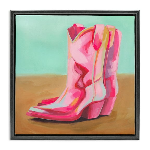 Stupell Industries Pink Heeled Cowgirl Boots Entertainment Painting Black Floater Framed Canvas Art Print Wall Art, 18 x 18