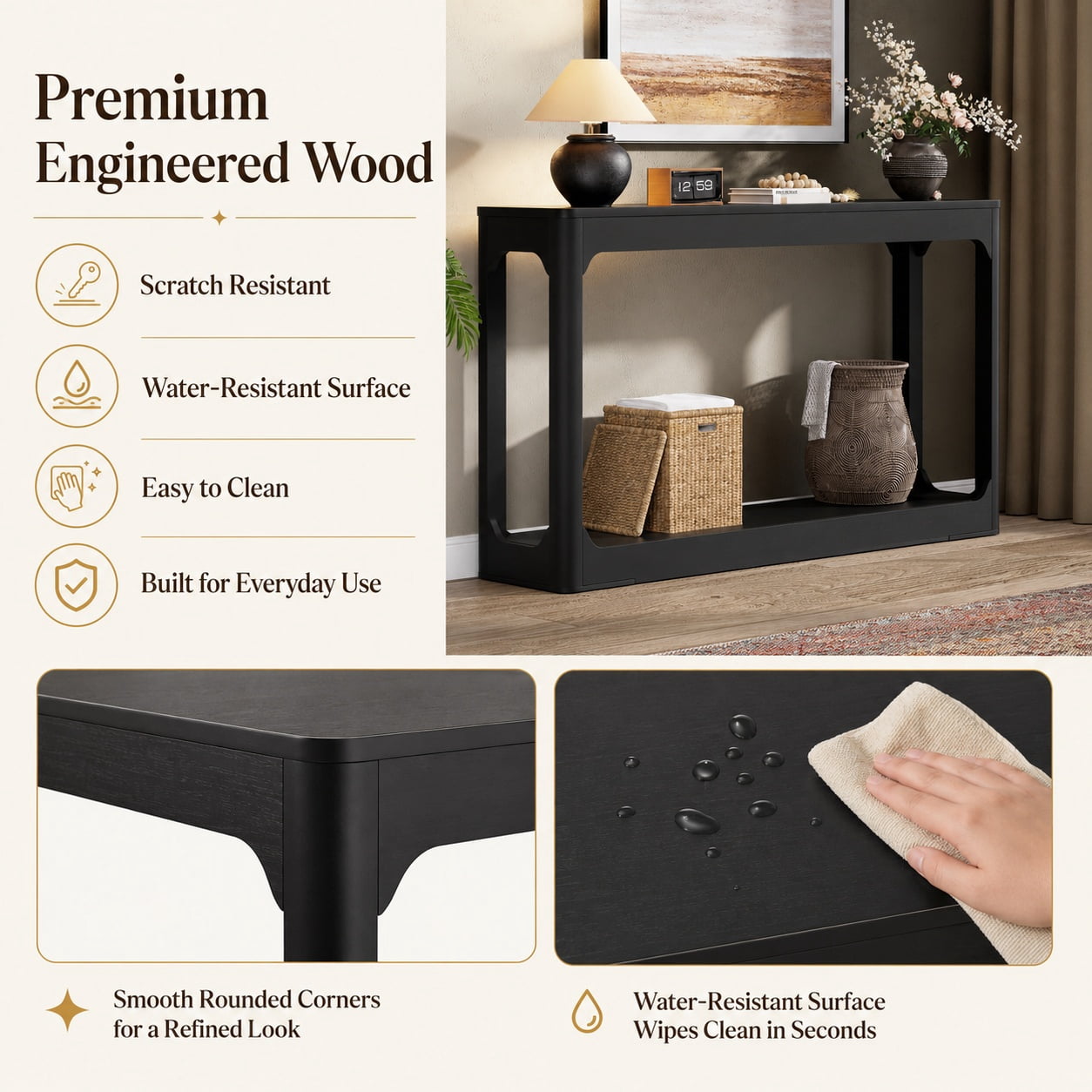 Aukfa 55.1" Wood Console Table, Narrow Sofa Table with 2-Tier Open Shelf for Entryway Hallway Living Room,Black