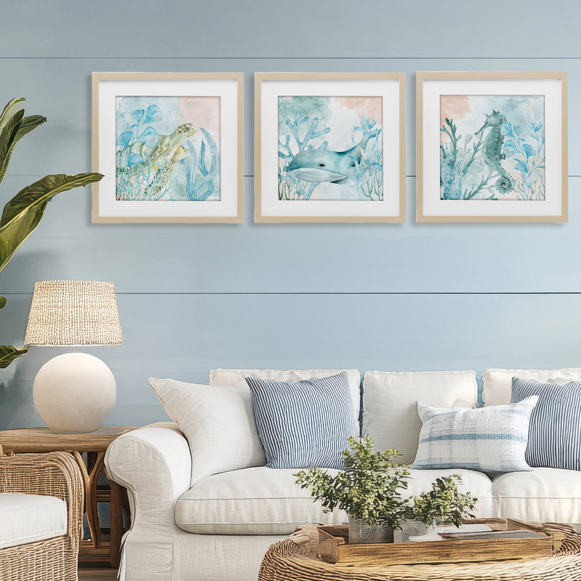 Stupell Industries Aquatic Animals Sea Swim 3 Piece Birch Framed Print Under Glass Set, design by Kim Allen