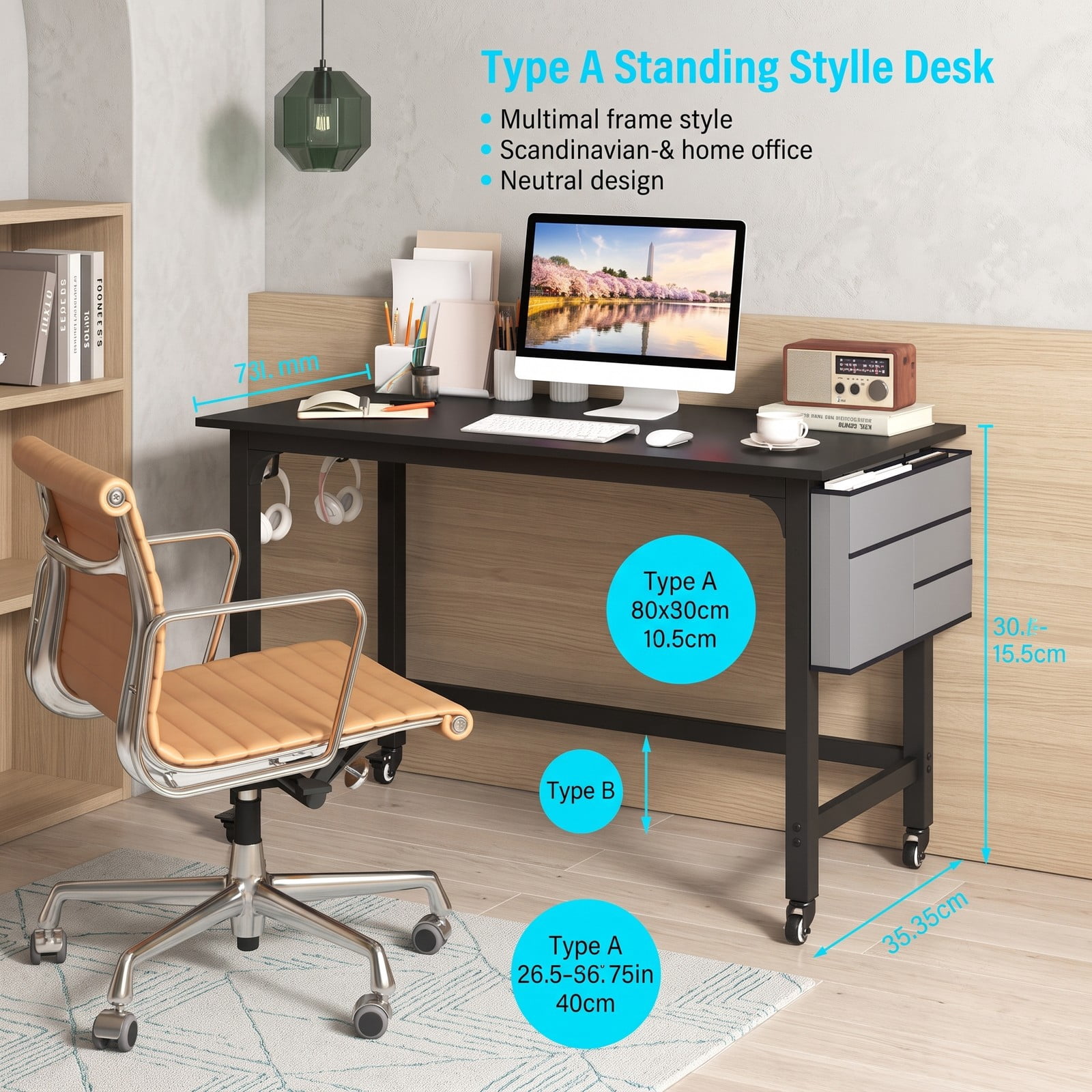 Furnibear 48 Inch Mobile Computer Desk with Wheels, Rolling Office Desk with Storage Bag and Headphone Hooks, Combinable Home Office Workstation, Black
