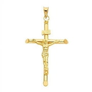 14K Yellow Gold Jesus Engraved Cross Pendant - Crucifix Charm Polish Finish - Handmade Spiritual Symbol - Gold Stamped Fine Jewelry - Great Gift for Men & Women for Occasions