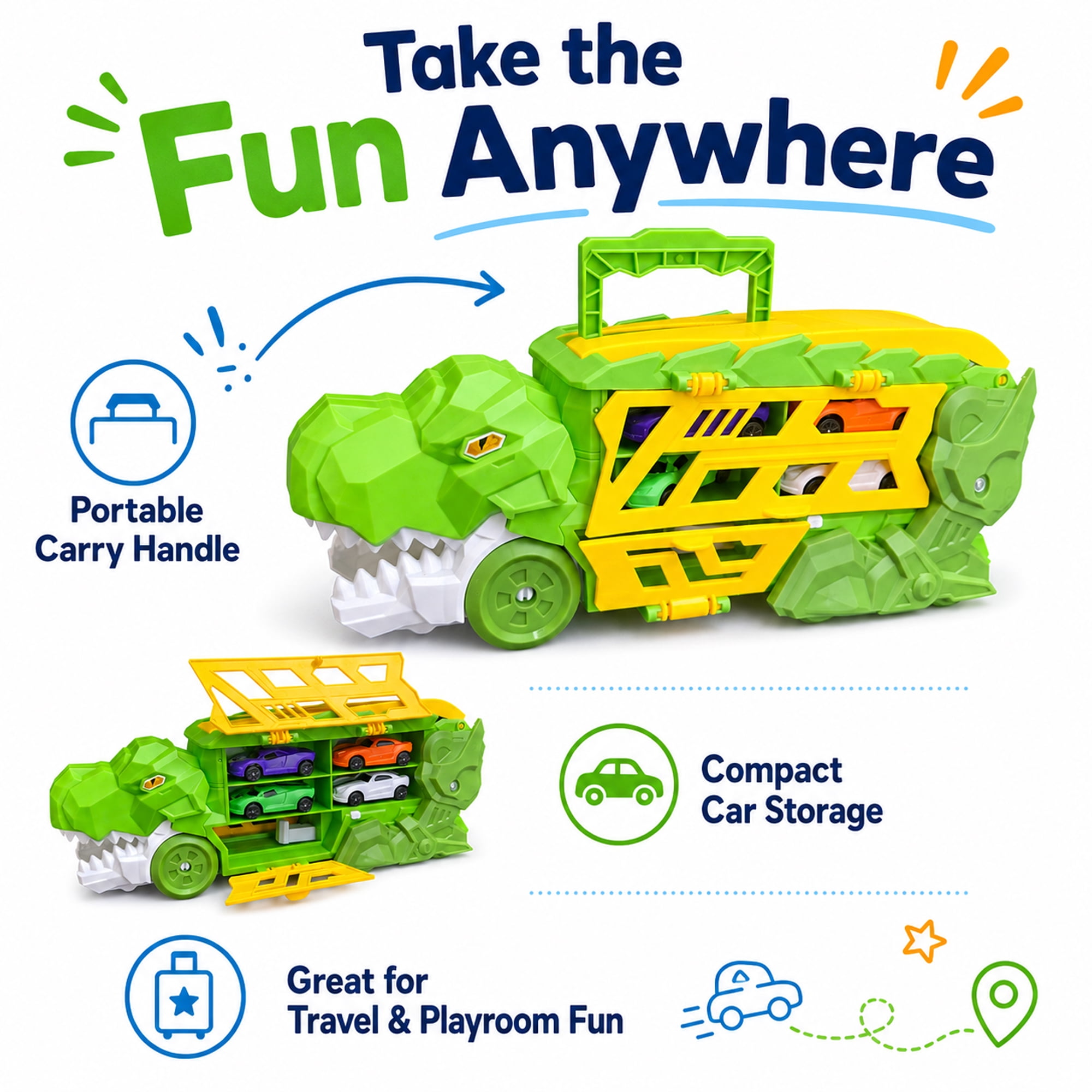 Dinosaur Truck Toy Car Carrier Race Track Playset with 4 Mini Cars, Push and Launch Vehicle Toy for Kids Ages 3+