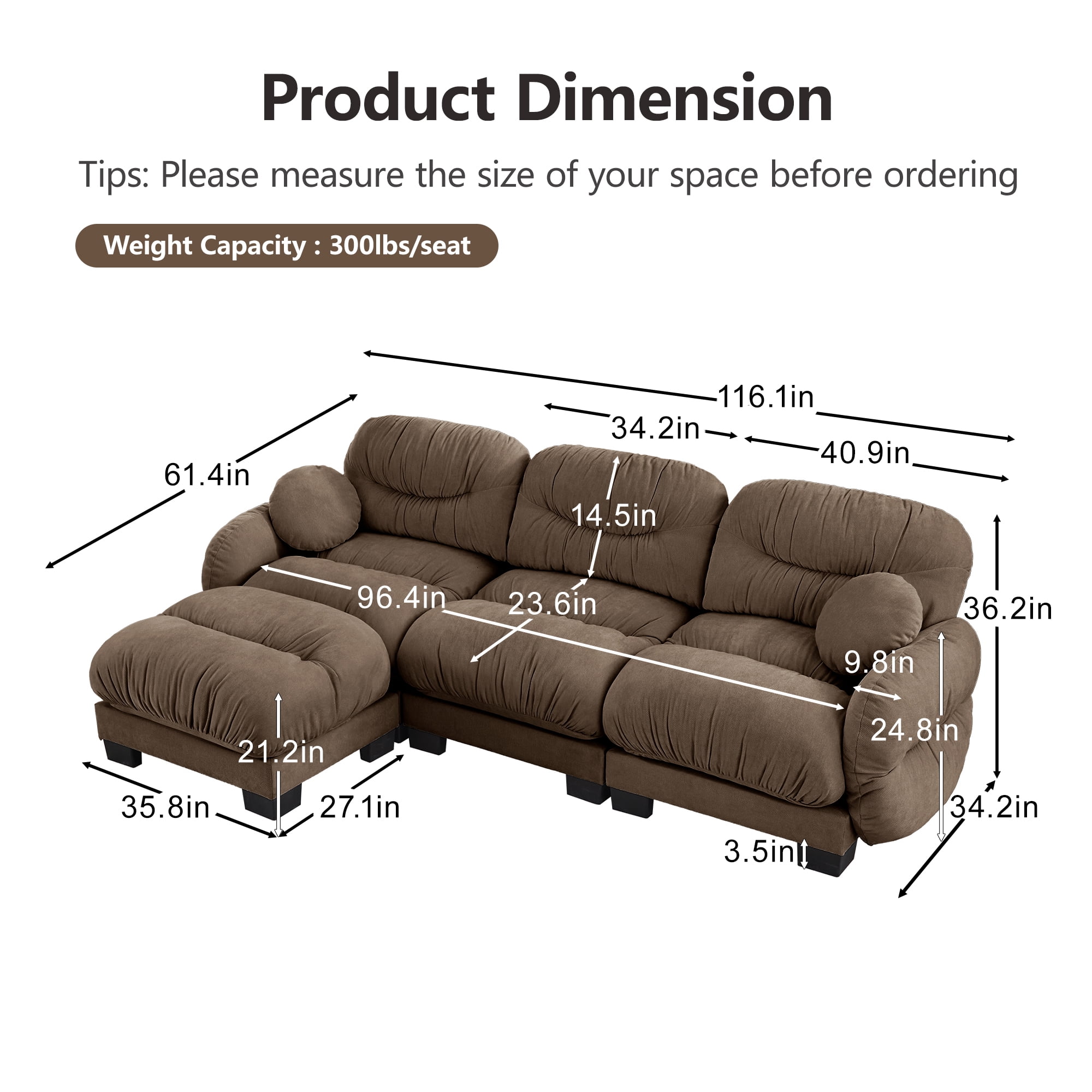 116" 3 Seater Sectional Couch Cozy Chenille Modular Sofa with Ottoman and 2 Throw Pillows