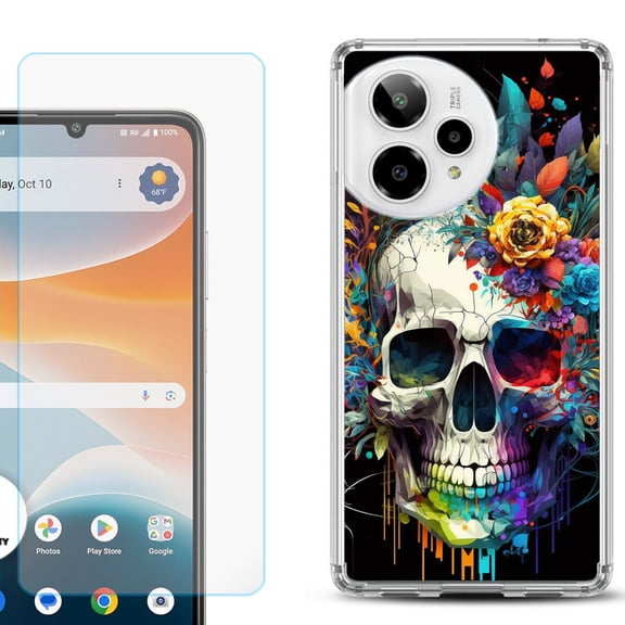 Phone Case for Cricket Icon Pro 2026, with Screen Protector, by OneToughShield - Skull Flower