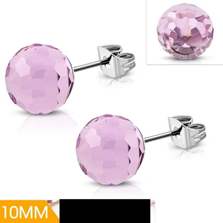 10mm Stainless Steel Light Pink Crystal Bead Balls Stud Earrings pair