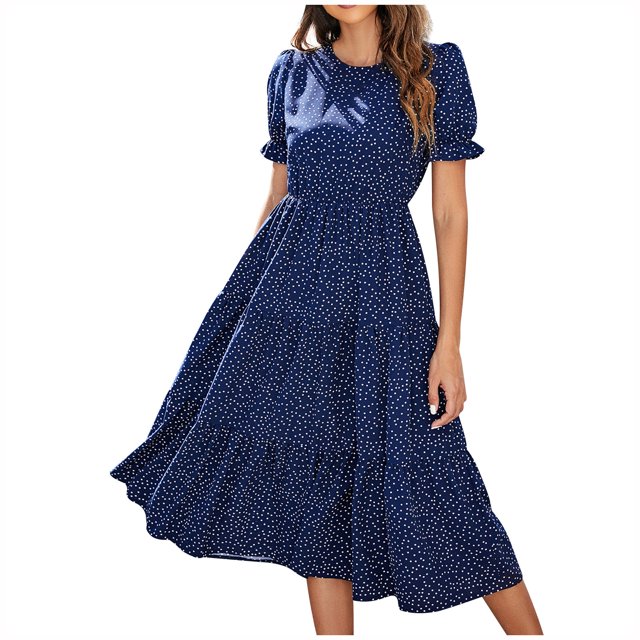 Vestido de mujer con estampado de lunares, manga corta, manga abullonada, vestido largo informal con lunares Fridja qw1182