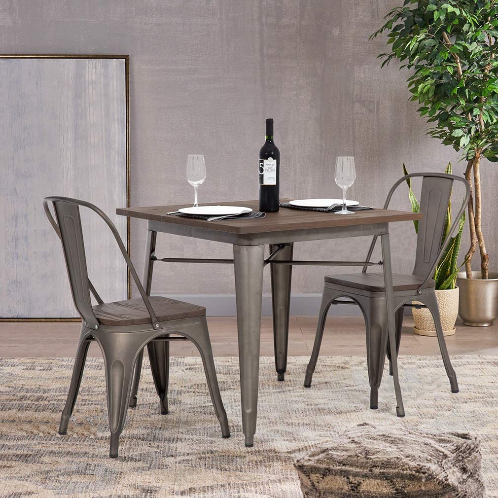 Metal Kitchen Table Set Dining Table Chairs Home Restaurant Wood Top Table Metal Dining Chairs Bar Coffee Table Set Indoor Outdoor Metal Base Table Patio Dining Table 4 Chairs Patio Furniture - image 5 of 7