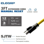 ELEGRP 15A Manual Reset Inline GFCI Extension Cord 3FT 12/3 SJTW Heavy Duty Cable 3 Wires 3 Prongs Grounded Plug with 3 Electrical Outlets, Indoor and Outdoor Christmas Light,Broom Tail Design,UL