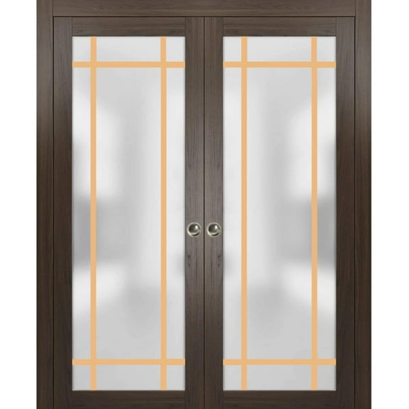 Sliding French Double Pocket Doors 36 x 80 inches | Planum 2113 Chocolate Ash Frosted Glass | Kit Trims Rail Hardware | Solid Wood Interior Bedroom Sturdy Doors