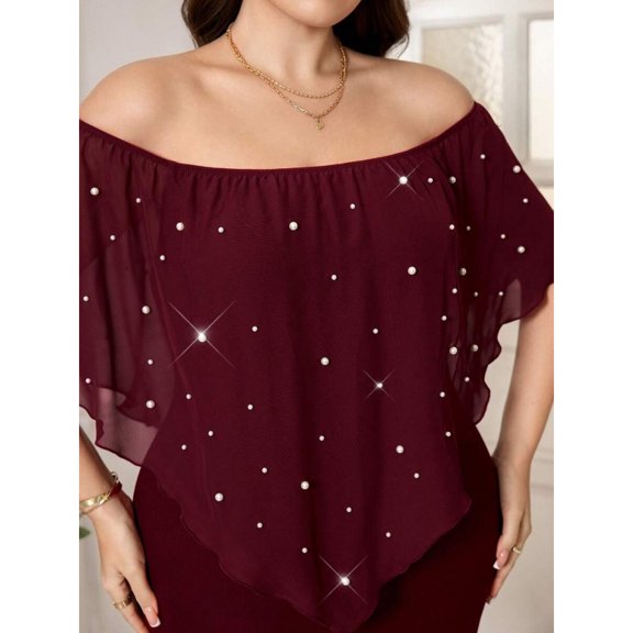 Burgundy Plus Size Elegant Off-Shoulder Fitted Dress With Pearl Embellishments