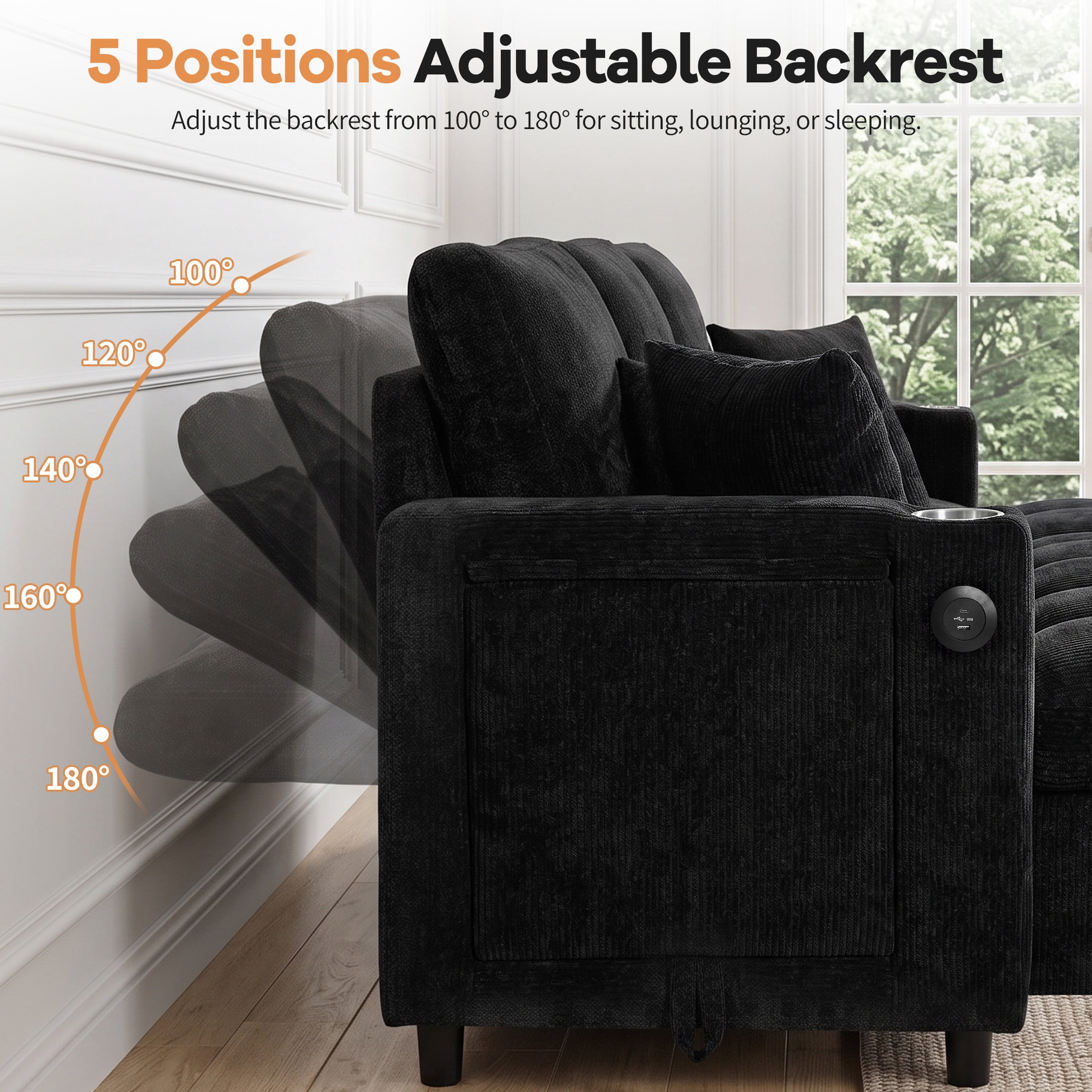 Aenkyo 108" Chenille U-Shaped Sectional Pull Out Sofa Bed with Dual Storage Chaises, Black