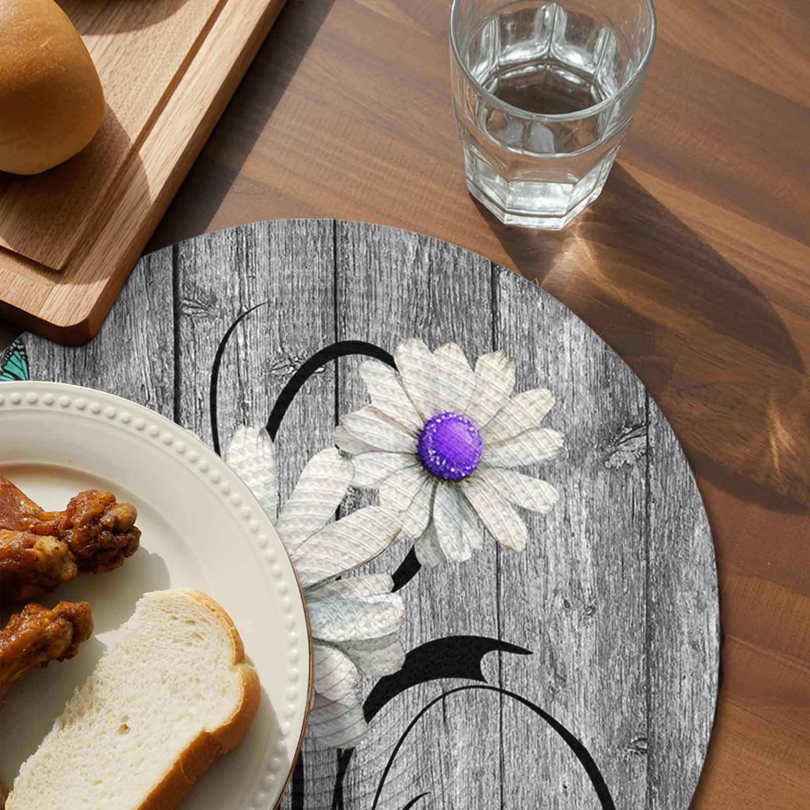 Round Placemats Set of 4 Rustic Daisy Place Mats Washable Woven Placemat Teal Sunflower Grey Wood Grain Circle Braided Table Mat for Kitchen Dining Table Party Home Decor 15 Inch