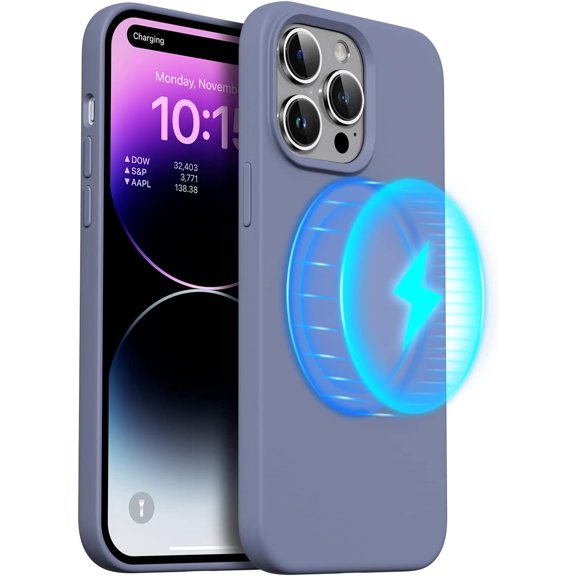 Magnetic Case for iPhone 14 Pro Case [Compatible with MagSafe] with Screen Protector, Liquid Silicone 3 Layers Full Covered Gel Rubber Shockproof Protective Case Cover 6.1 inch-Lavender Grey