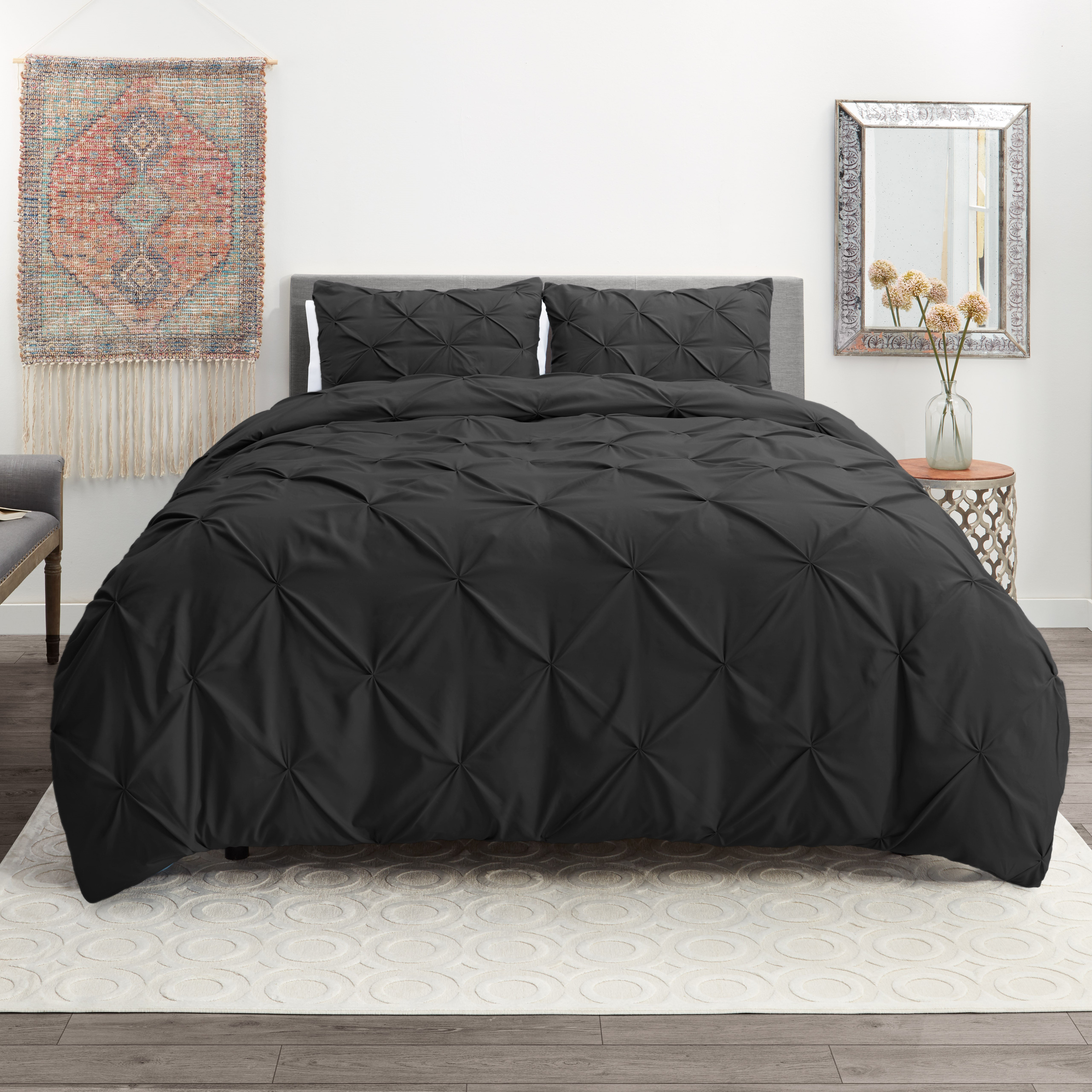 3 Piece Pinch Pleated Duvet Cover Set, King Duvet Cover With Corner Ties