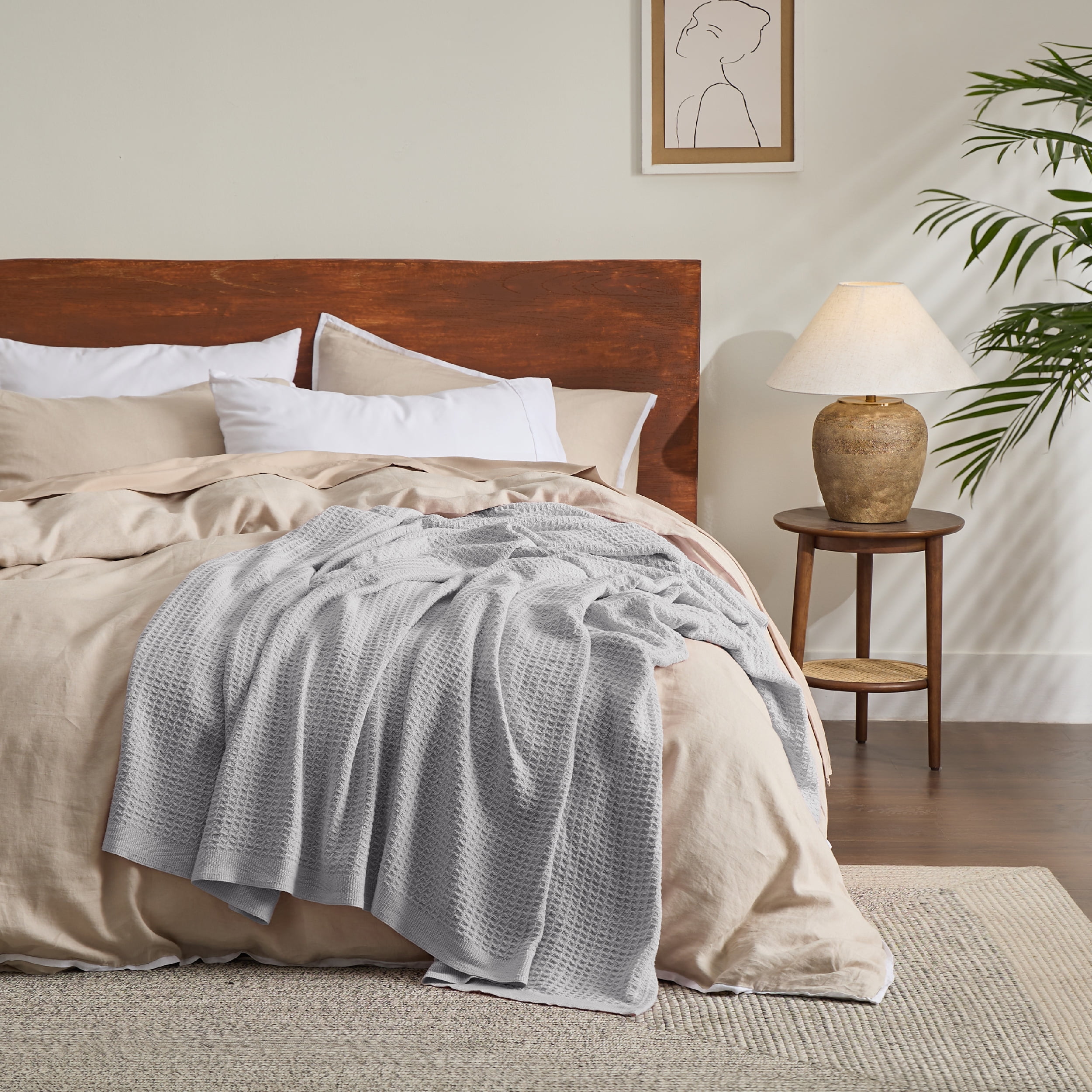 Bedsure 100% Cotton Blankets Queen Grey - Waffle Weave Blankets