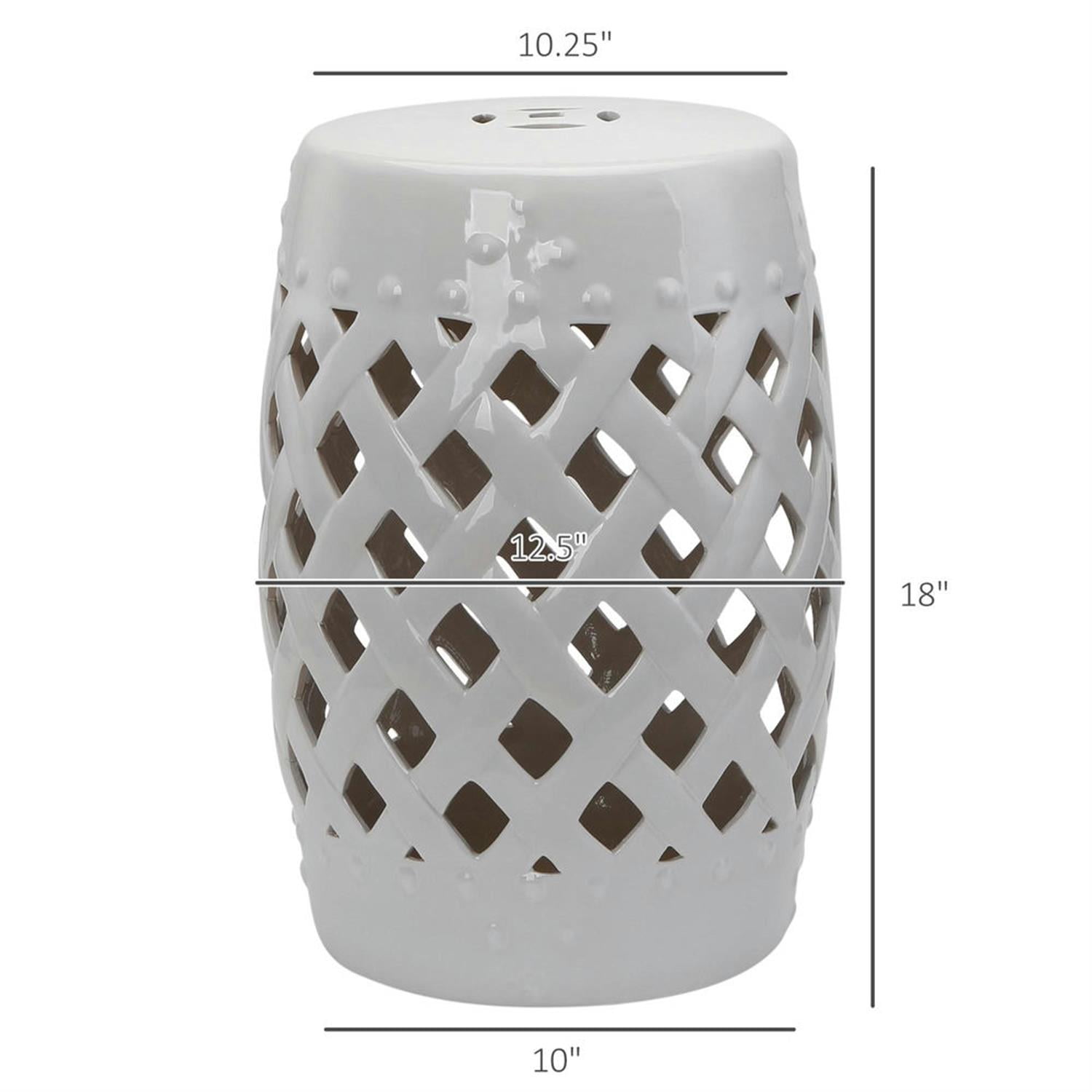 Demi Bonn 12" Large Outdoor Ceramic Stool with Intricate Lattice Design, Decorative Stool for Garden or Patio, White