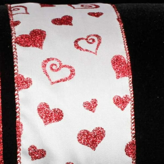 The Ribbon People Red and White Scrolled Sparkling Hearts Wired Craft Ribbon 2.5" x 20 Yards