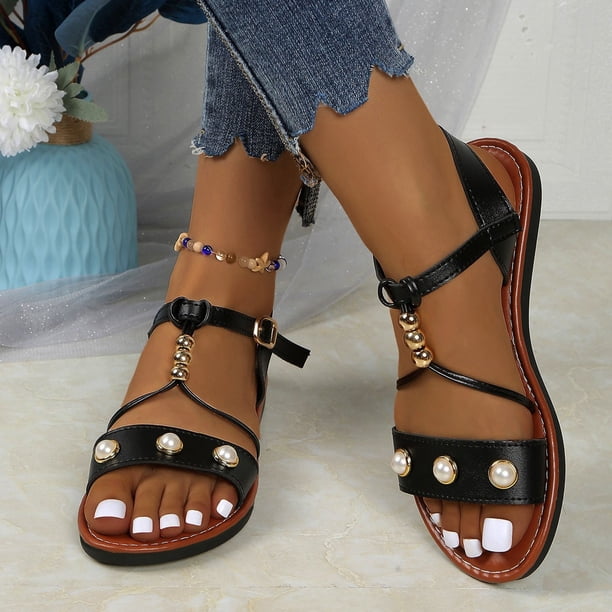 WILLBEST Sandalias De Playa Para Mujer, Sandalias De Verano Para Mujer, Tacón Bajo, Informales, Decoradas Con Perlas, Calzado Cómodo Para Uso Diario, Salidas Y Citas.