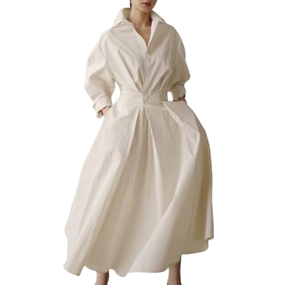 Womens Cotton Button Down Maxi Tshirt Dress Ladies Collared Lapel Long Sleeve Dresses Color 5XL