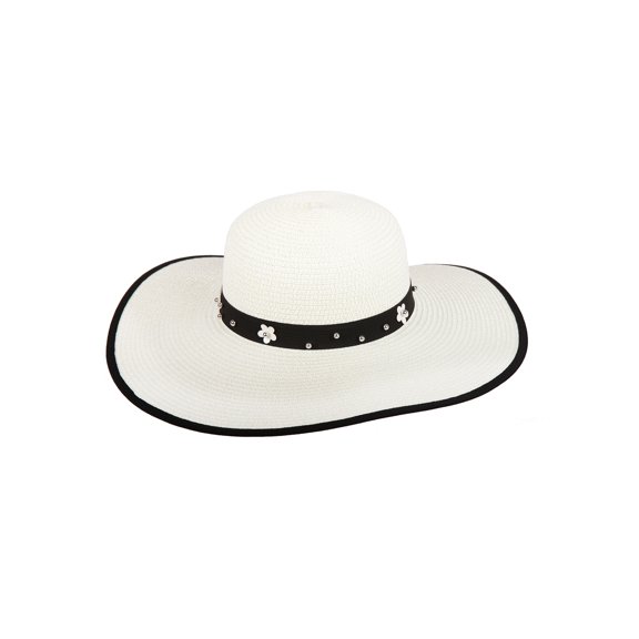 Chic Headwear Floppy Paper Braid Sun Hat w/ Flower - White