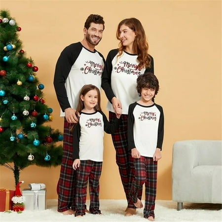 

Suanret Christmas Family Matching Pajamas Set Long Sleeve Letter Print Tops with Plaid Pants Loungewear Sleepwear for Women Men Kids