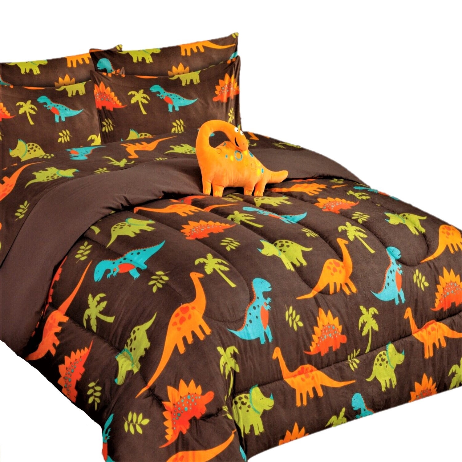 6 piece Twin dinosaur brown bed in bag comforter and sheet set for Kids and Teens