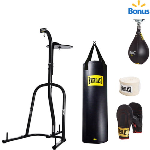 Everlast Dual Station Heavy Bag Set Stand 70 lb Punching Bag Boxing Kit Speedbag 