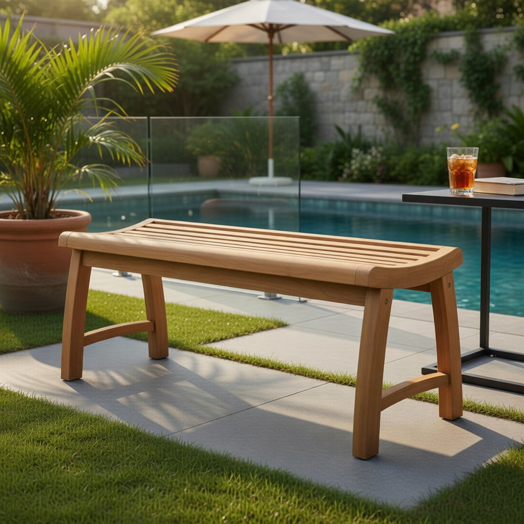 Hommoo Teak Wood Outdoor Backless Garden Bench, Contoured Slatted Seat, Easy 3-Step Assembly for Patio, Porch & Backyard, Natural