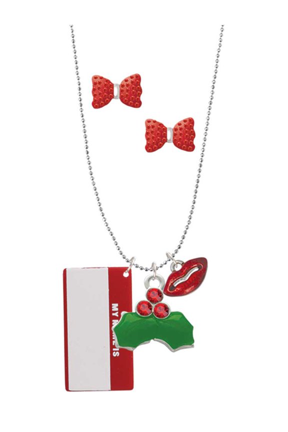 Acrylic Red "Hello" Name Tag Christmas Kiss Charm Necklace and Stud Earrings