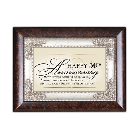 Happy 50th Anniversary Burlwood Jewelry Music Box Plays Wind Beneath My Wings