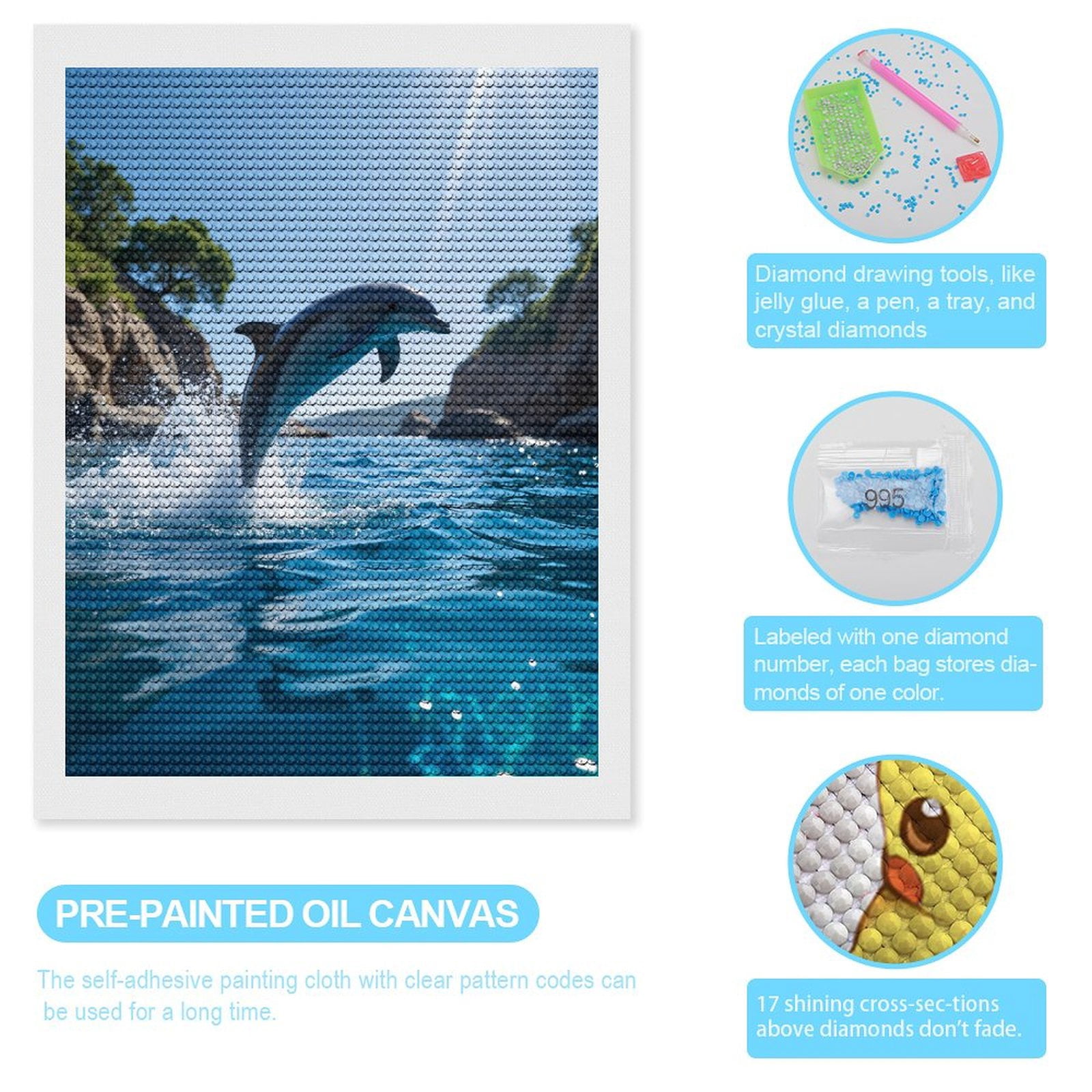 Diamond Art Kits for Adults, Dolphin Leaping Ocean Waves 5D Diamond Painting Kits for Adults Beginners, DIY Full Drill Diamond Painting, Gem Art and Crafts 12x16