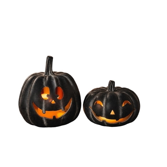 Black LED Halloween Pumpkins, Light Up Festive Decor, Battery Operated Pumpkin Ornaments for Indoor & Covered Outdoor Use