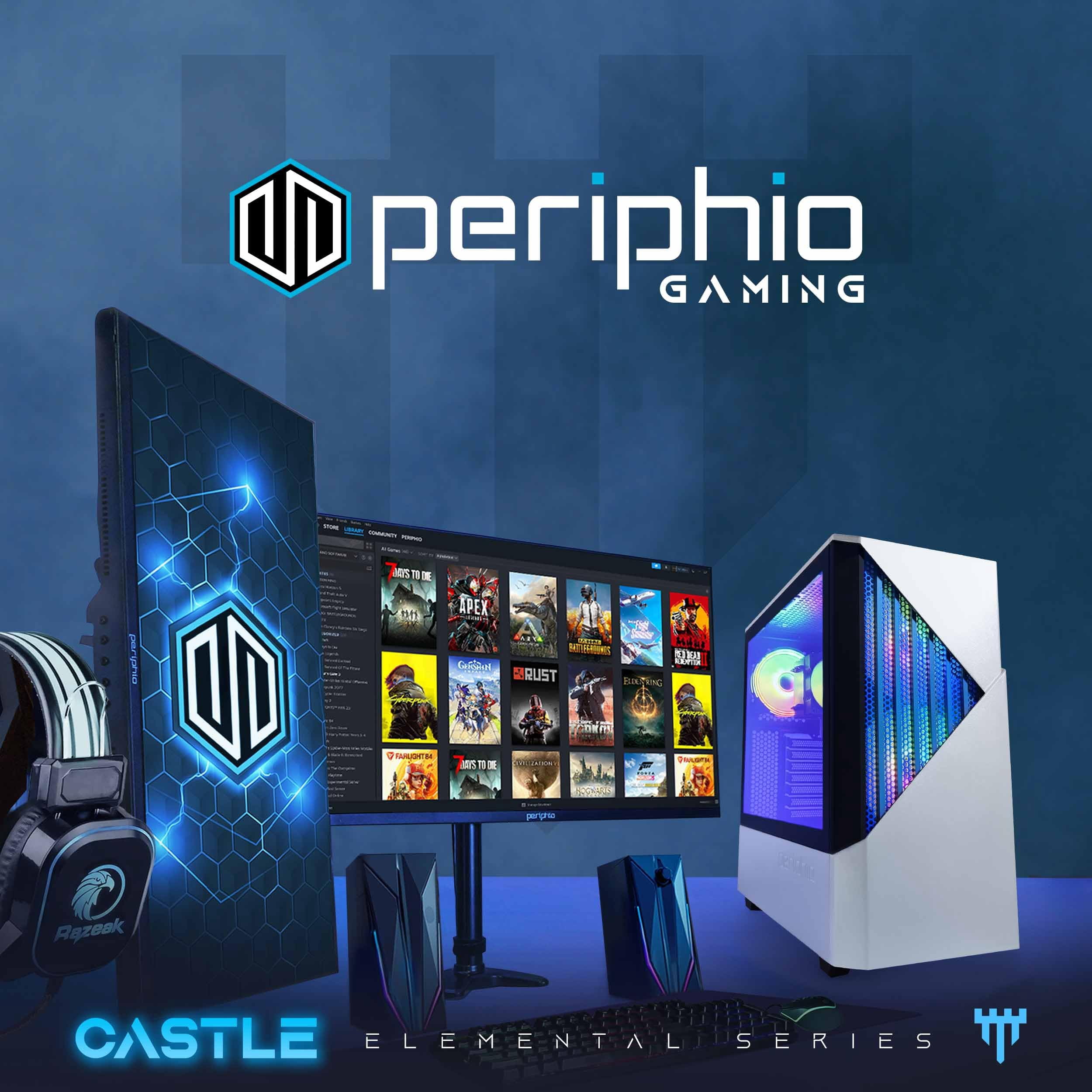 Periphio Castle Gaming PC, AMD Ryzen 5 5600GT up to 4.6GHz with Radeon Vega 7 Graphics, 16GB RAM, 1TB SSD, WiFi, Windows 11 Desktop Computer, White, 1080p PC Gaming - RGB Gamer Bundle, 24" Monitor