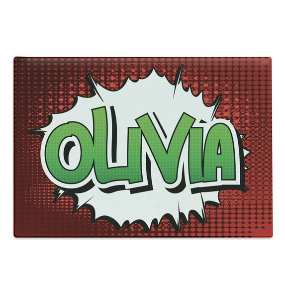 Olivia Cutting Board, Retro Comic Book Burst with Common Women`s Given Name Teenager Design, Decorative Tempered Glass Cutting and Serving Board, Large Size, Ruby Green and White, by Ambesonne